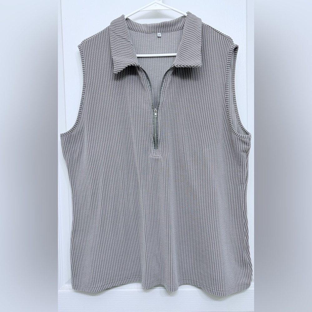 Gray Cream Ribbed Quarter Zip Tank Top XL Sleeveless Knit Casual